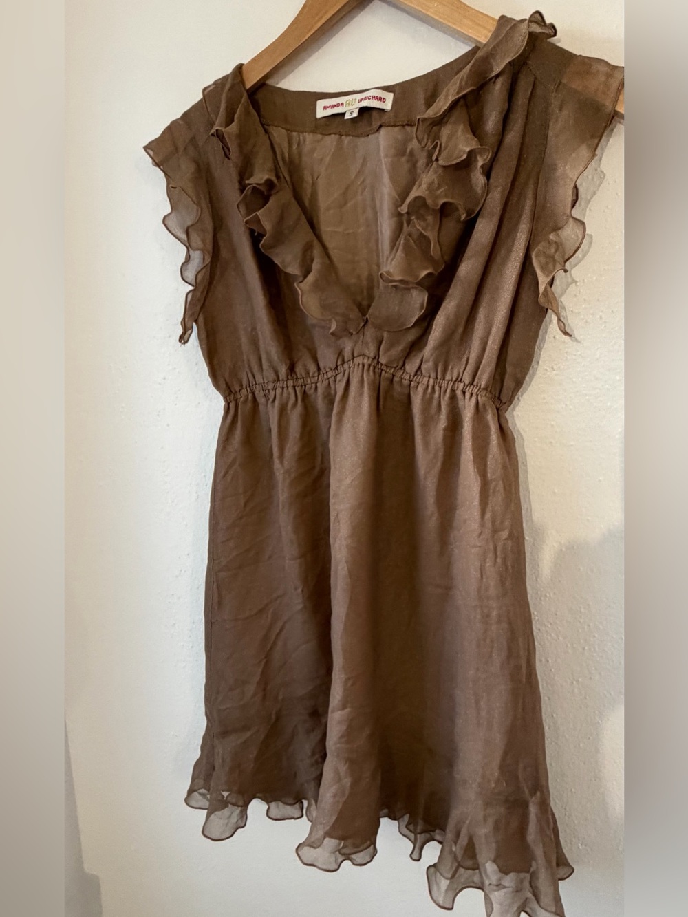 Amanda Uprichard Brown Silk Ruffle Sheer Mini Dress S.